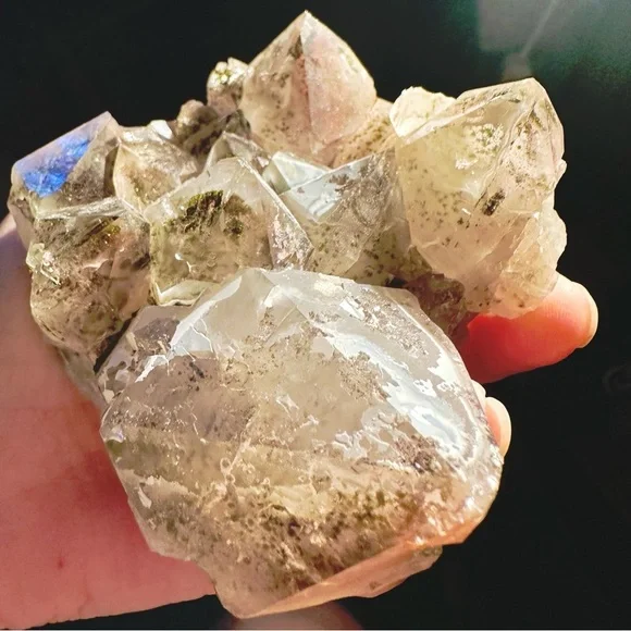 Large quartz, amethyst, and epidote combo with phantoms terminations red quartz
